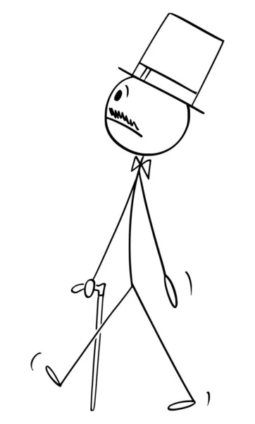 Nobleman Wandelen met stok en dragen Top Hat, Vector Cartoon Stick Figuur Illustratie — Stockvector
