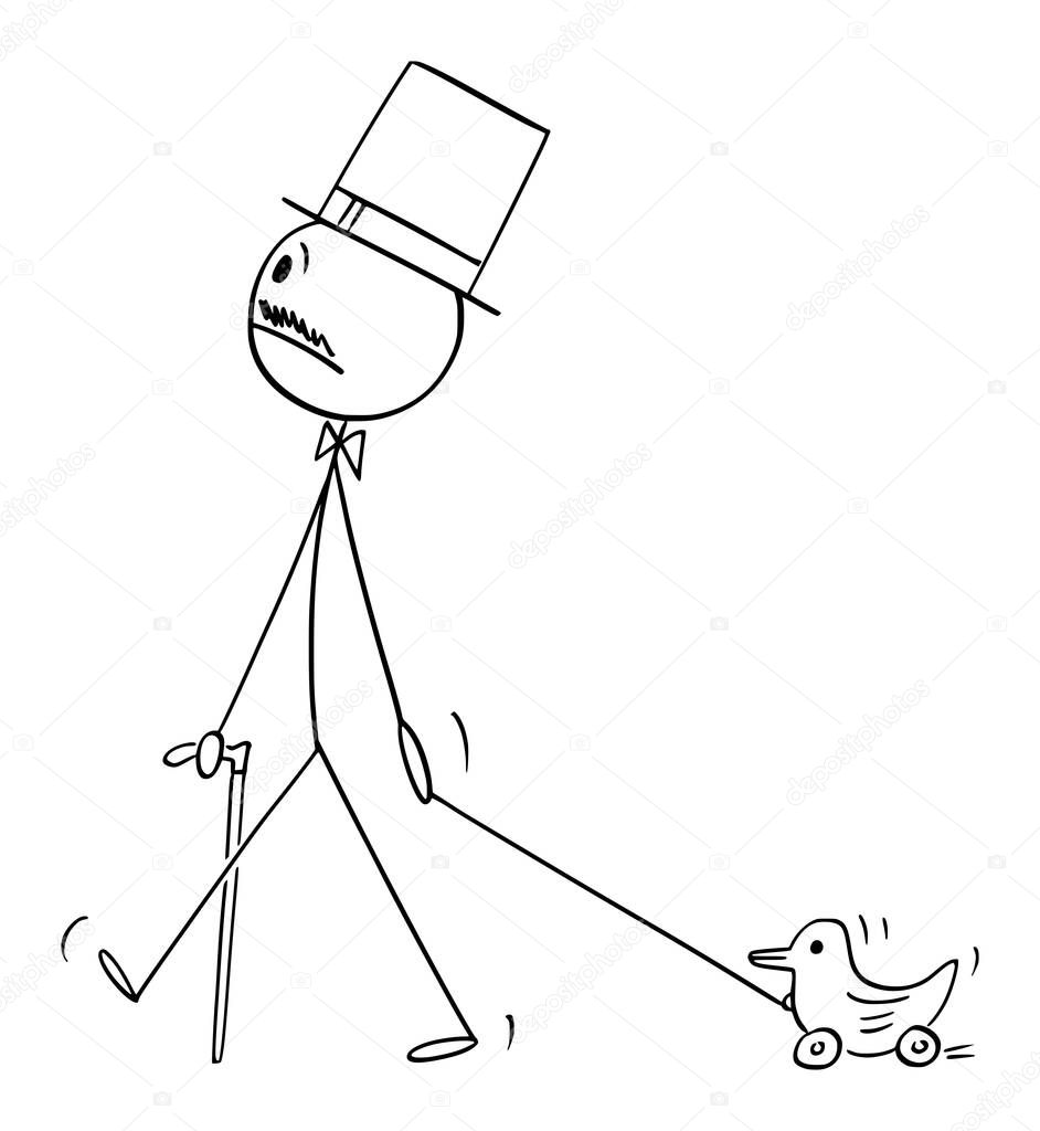 Insane Nobleman Walking with Stick and Top Hat, Pulling Toy Duck, Vector Cartoon Stick Figure Illustration