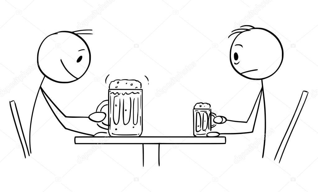 Frustrated Person Drinking Small Beer Is Watching Big Drink of Another Customer, Vector Cartoon Stick Figure Illustration