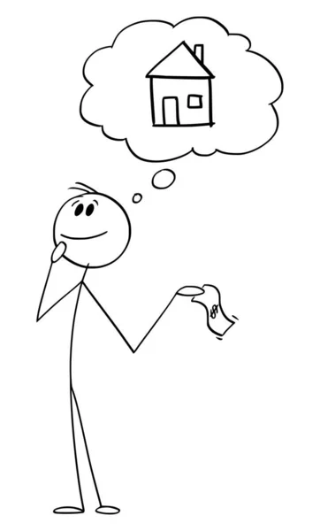 Persona in possesso di Dollaro Valuta Bill Pensando di acquistare casa, Vector Cartoon Stick Figura Illustrazione — Vettoriale Stock
