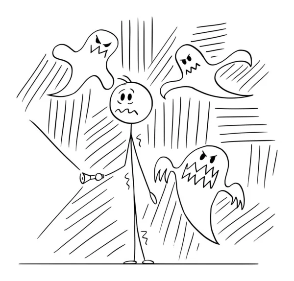 Frighted Person with Flashlight Suraround by Scary Ghosts, Vector Cartoon Stick Figure Illustration — 스톡 벡터