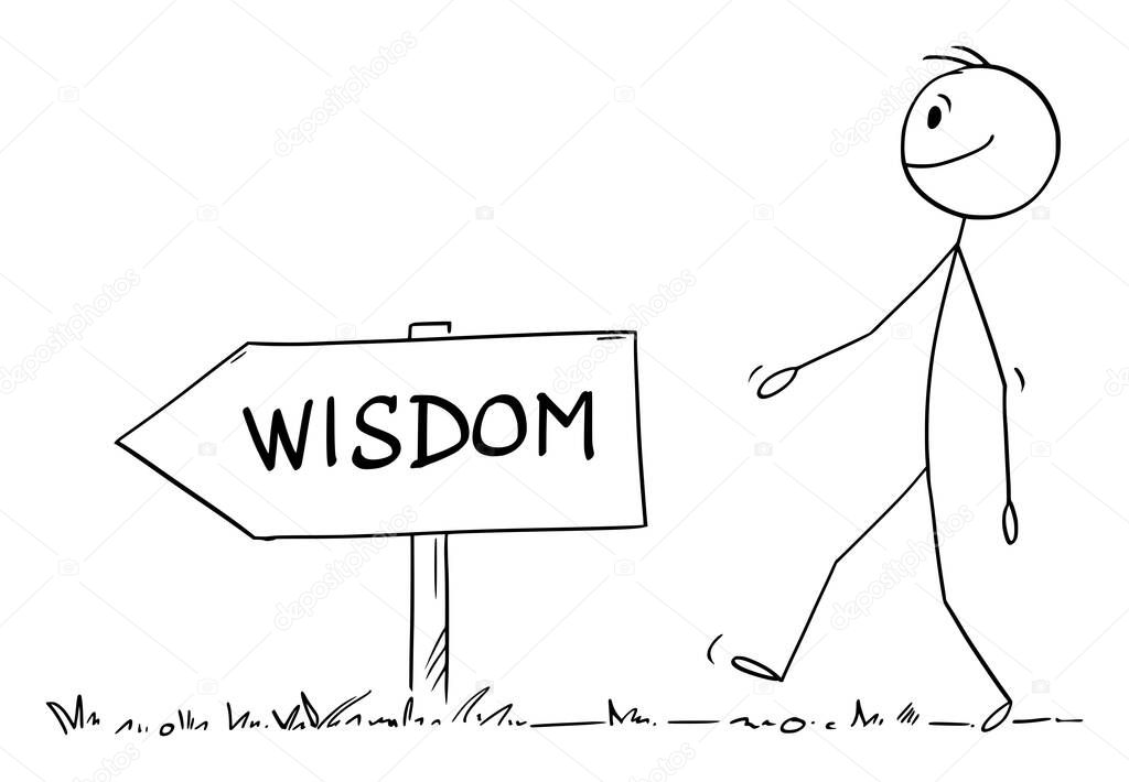 Person Walking on the Path or Way for Wisdom, Vector Cartoon Stick Figure Illustration