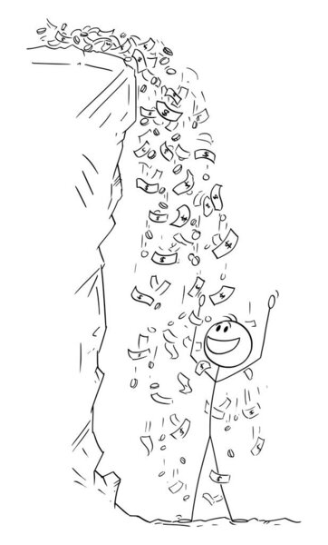 Человек, наслаждающийся падением денег, как водопад, векторная иллюстрация с палкой из мультфильма