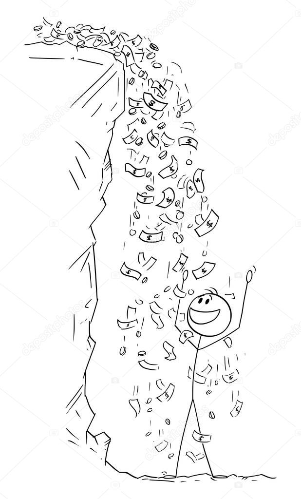 Person Enjoying Money Falling as Waterfall, Vector Cartoon Stick Figure Illustration