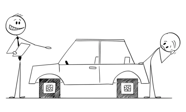 Vendeur de voiture vendant la voiture avec le problème au client, illustration vectorielle de figure de bâton de bande dessinée — Image vectorielle