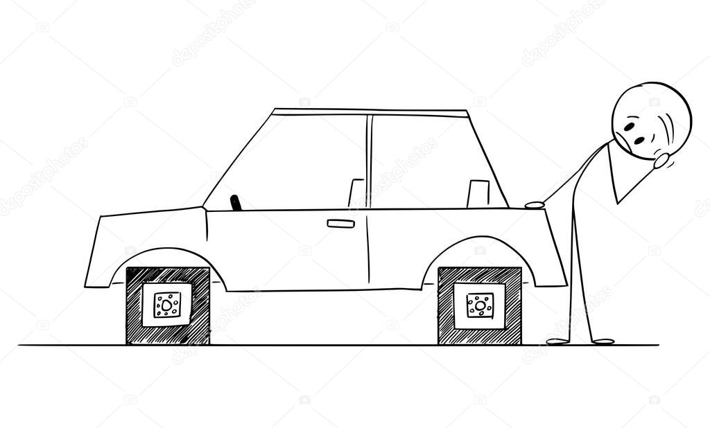 Driver Looking at Car With Square Wheels, Problem, Disadvantage or Weakness of Technology, Vector Cartoon Stick Figure Illustration