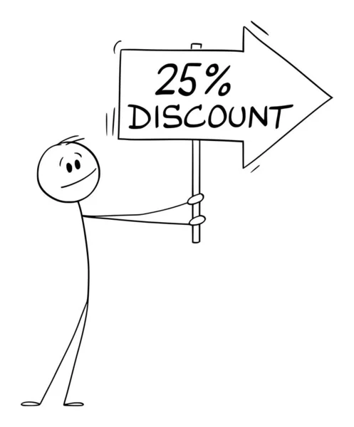 Osoba nebo podnikatel držící 25 nebo 25% sleva šipka znaménko a ukazující na něco, vektorové kreslené figurky ilustrace — Stockový vektor