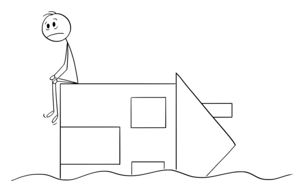 Droevige persoon zittend op overstroomd verwoest huis, Vector cartoon stok figuur illustratie — Stockvector