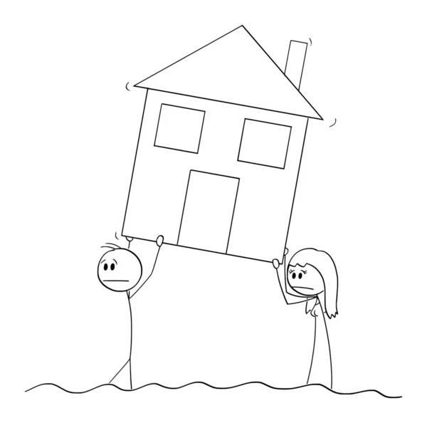 Férfi és nő hordozó vagy mozgó családi ház a víz árvíz katasztrófa, vektor rajzfilm pálca ábra illusztráció — Stock Vector