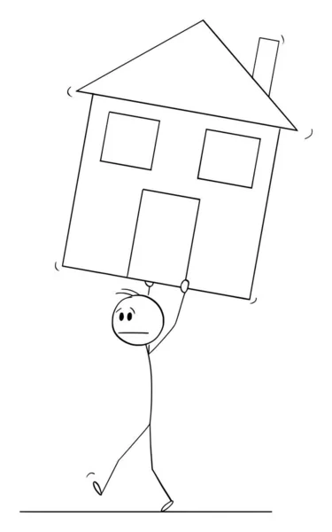 Man Carrying or Moving Family House, Vector Cartoon Stick Figure Illustration - Stok Vektor