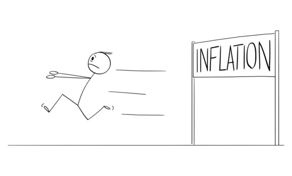 Persona o uomo d'affari che corre nella paura e nel panico dal segno dell'inflazione, illustrazione della figura del bastone del fumetto vettoriale — Vettoriale Stock