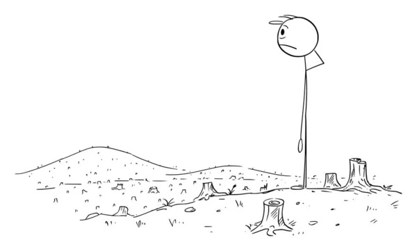 Triste e Frustrado Homem Olhando para Tree Stumps após cortar a floresta, Vector Cartoon Stick Figura Ilustração —  Vetores de Stock
