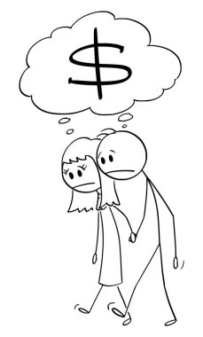 Para Finansal Sorunu Olan Hayal Kırıklığı Olan Erkek ve Kadın Çifti, Vektör Çizgi Film Şekil Çizimi