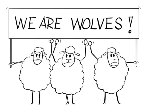 Multidão de ovelhas segurando nós somos lobos sinal, ilustração dos desenhos animados do vetor —  Vetores de Stock