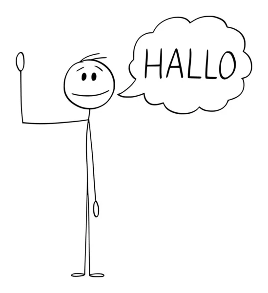 Person eller man viftar med handen och säger hälsning Hallo på tyska, vektor tecknad Stick figur Illustration — Stock vektor