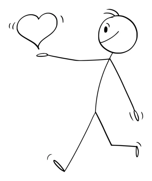Happy Man or Lover Holding or Giving Big Heart of Love, Vector Cartoon Stick Figure Illustration — Stock Vector