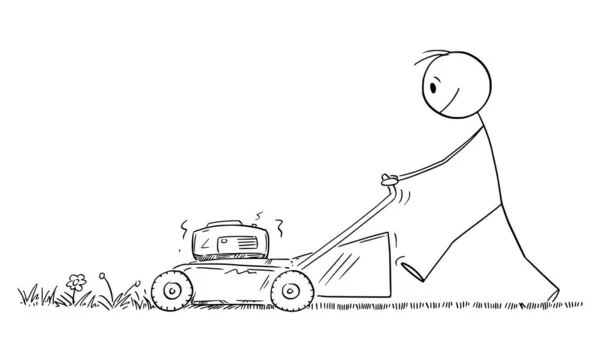 Man Using Lawn Mower to Cut the Grass on Garden, Vector Cartoon Stick Figure Illustration — Stockový vektor