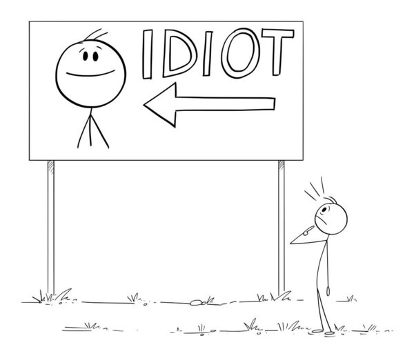 Person Looking Shocked on His Face and Idiot Text on Billboard Sign, Vector Cartoon Stick Figure Illustration
