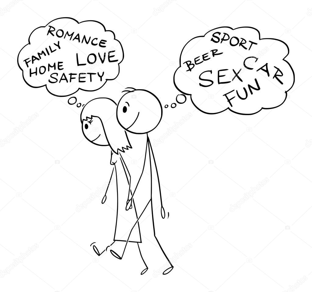 Heterosexual Couple and Different Life Expectations , Vector Cartoon Stick Figure Illustration
