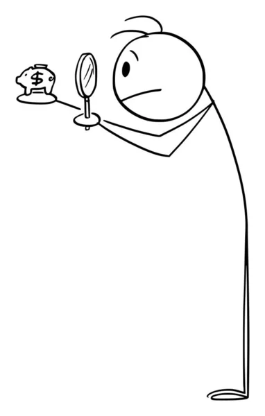 タイニーピギーバンクの拡大鏡で見る人、貯蓄と金融の概念、ベクトル漫画スティック図イラスト — ストックベクタ