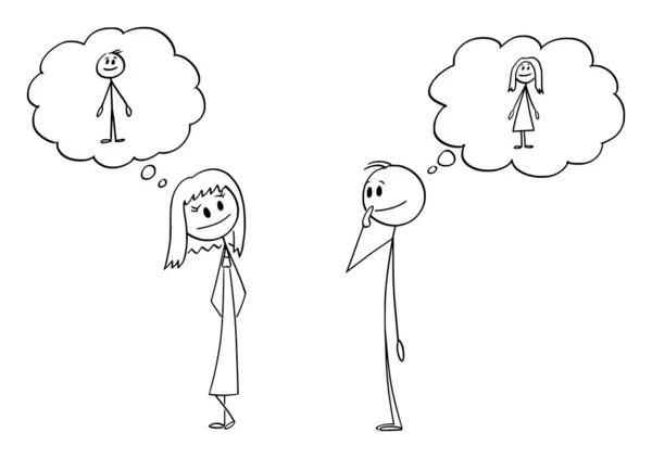Schüchterner Mann und Frau, die einander anschauen und Liebe empfinden, Vector Cartoon Strichmännchen Illustration — Stockvektor
