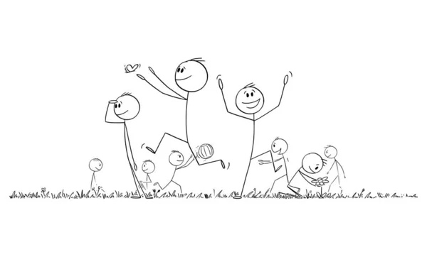 Group of Happy People Playing and Enjoying Outdoor, Vector Cartoon tick Figure Illustration — 스톡 벡터