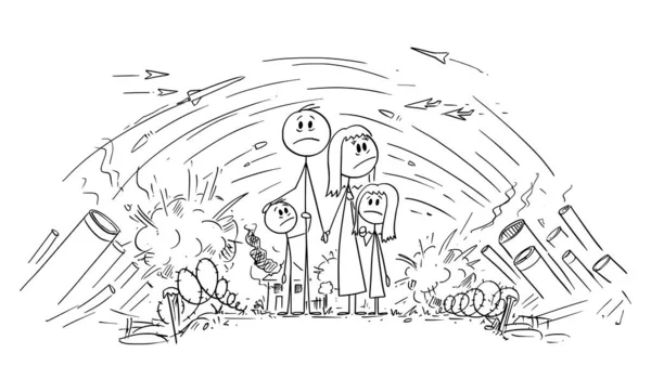 Frustrated, Stressed or Frightened Family Trapped in War or Conflict, Vector Cartoon Stick Figure Illustration Stock Vector