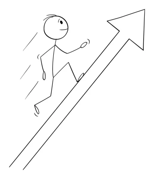 Uomo d'affari in esecuzione su freccia per profitto o successo, Vector Cartoon Stick Figura Illustrazione — Vettoriale Stock