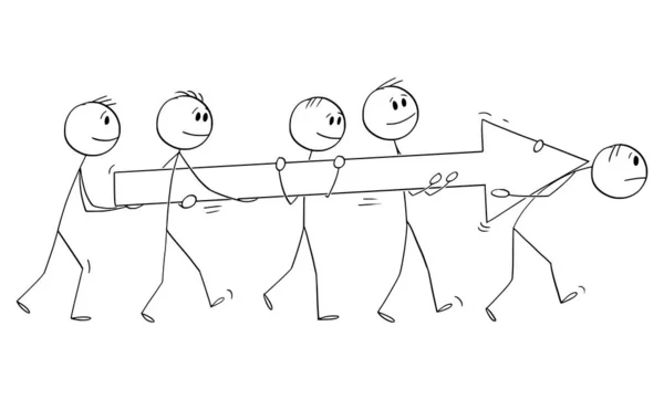 Équipe travaillant ensemble, portant une grande flèche, illustration vectorielle de figure de bâton de bande dessinée — Image vectorielle
