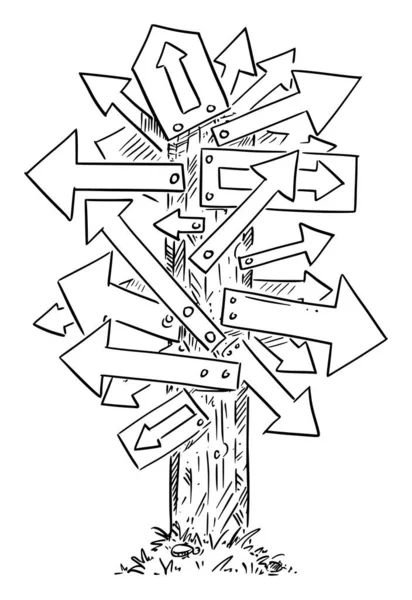 Señalización confusa con muchas flechas, decida y elija el camino correcto, ilustración de dibujos animados vectoriales — Vector de stock