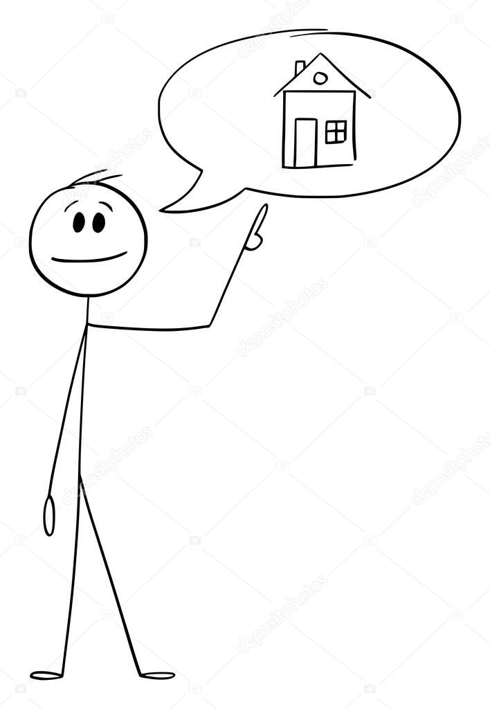 Person, Businessman or Realtor Speaking About House , Vector Cartoon Stick Figure Illustration