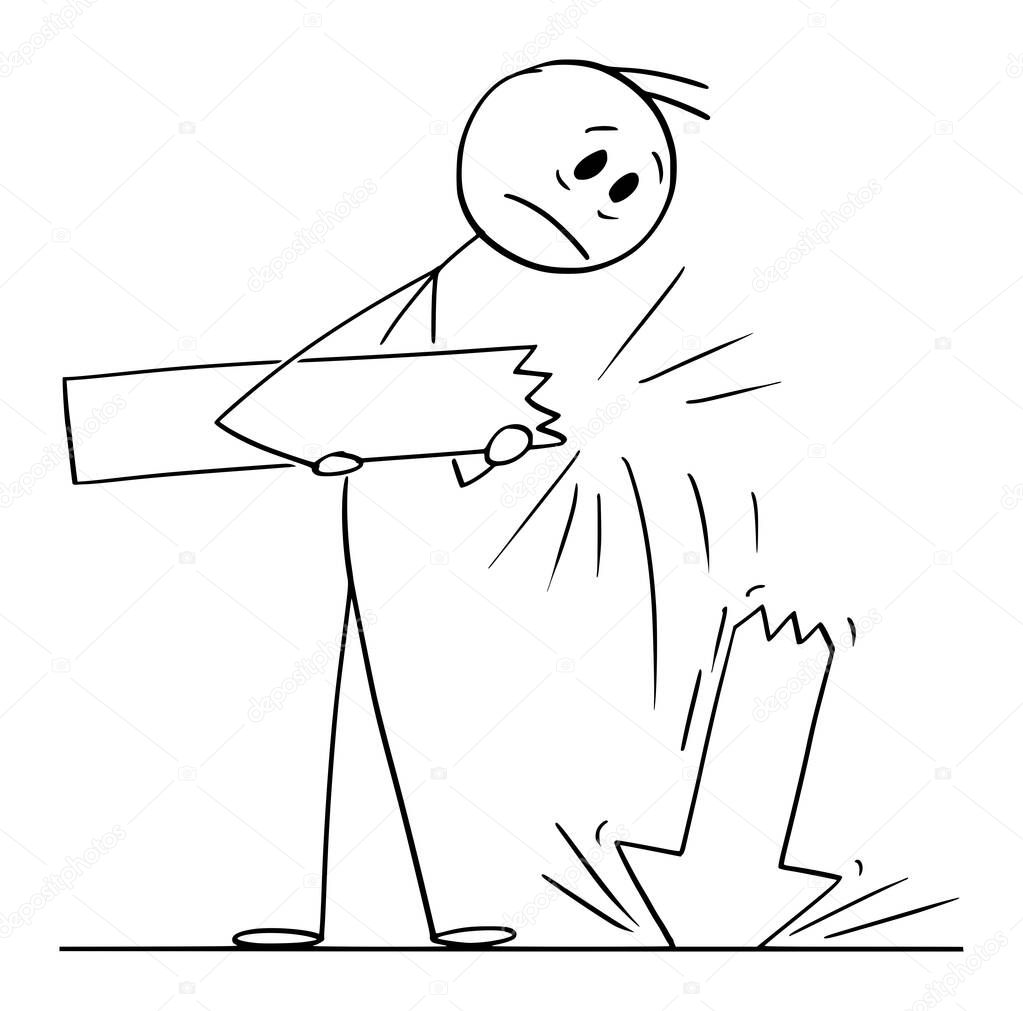 Person or Businessman Following Arrow that Broke, Business Failure Concept, Vector Cartoon Stick Figure Illustration
