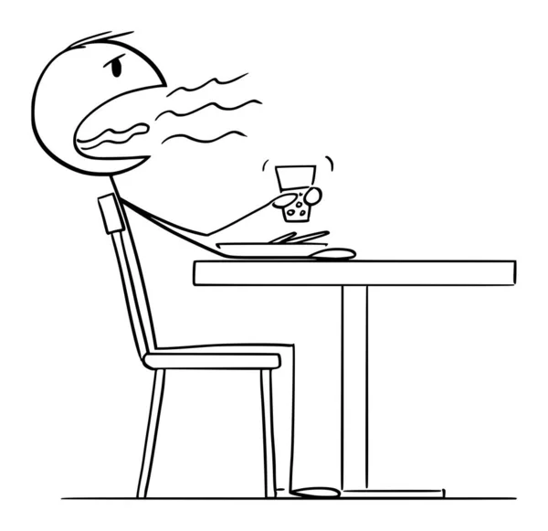 Person rülpst nach dem Essen von Mittagessen oder Abendessen im Restaurant, Vector Cartoon Strichmännchen Illustration — Stockvektor