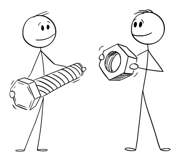 Persons or Businessmen Holding Bolt and Nut, Cooperation and Problem Solving , Vector Cartoon Stick Figure Illustration - Stok Vektor