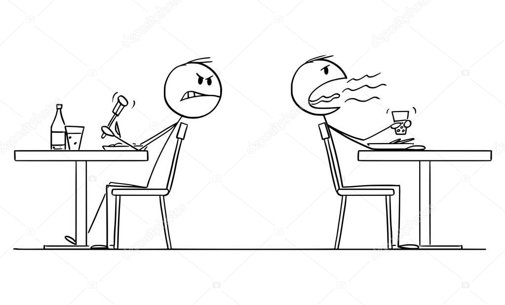 Person Burping After Eating Lunch or Dinner in Restaurant, Vector Cartoon Stick Figure Illustration