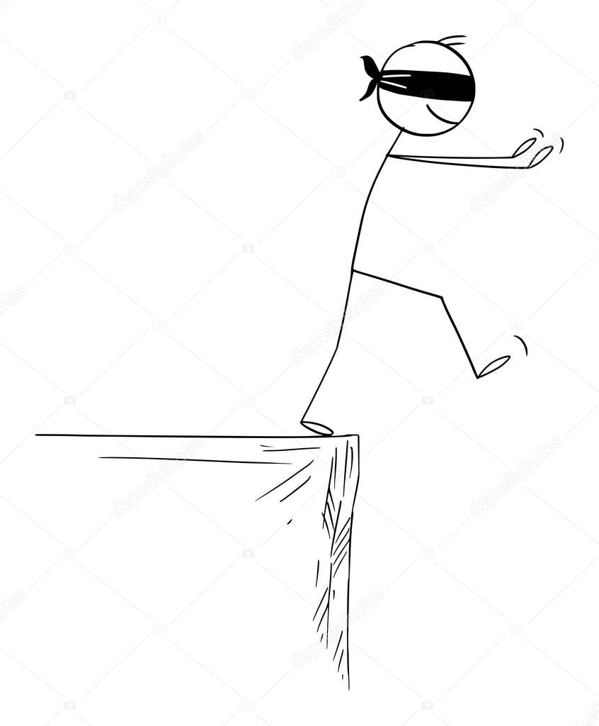 Blind Person or Businessman Falling From the Cliff Edge, Vector Cartoon Stick Figure Illustration