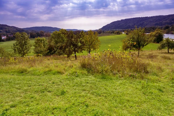 Idyllic Landscape Fruit Trees Almuehltal Valley — Stock Photo, Image