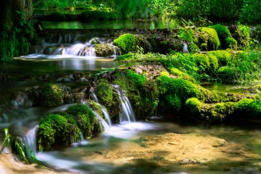 Kaisinger Tal 'ın (Kaisinger Vadisi) Greding' deki (Bavyera, Almanya) sinter teraslarında mistik bir ışık ile şelale)