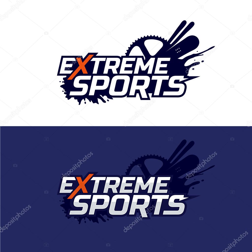 Extreme sports logo. Snowboard, ski and bike, mud splashes badge