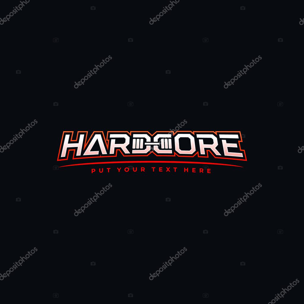 Hardcore logo. Modern logotype for gym or fitness with dumbbell in negative space. Vector illustration.