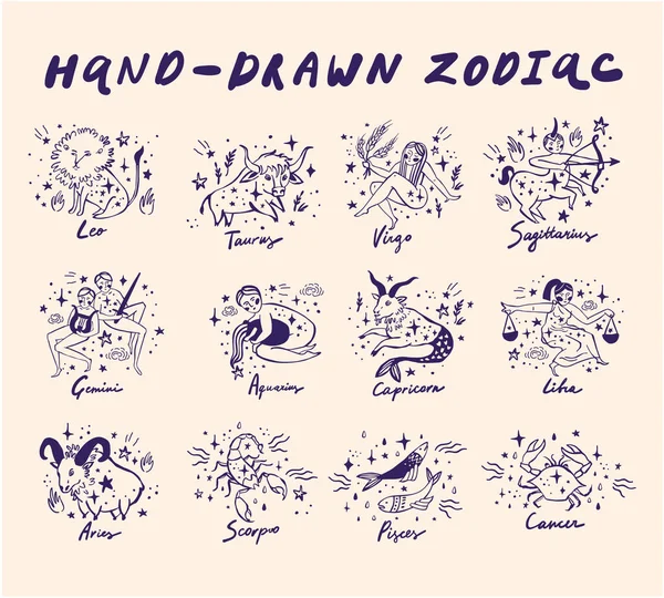 Conjunto Signos Zodiacales Vectoriales Dibujados Mano — Vector de stock