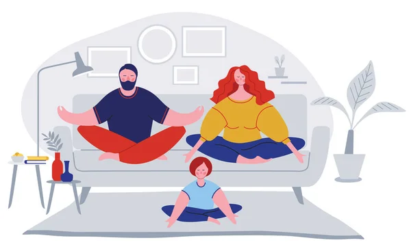 Küçük kızıyla birlikte kanepede yoga yapan, küçük çocuklu mutlu ebeveynler kanepeye uzanmış meditasyon yapan, hafta sonu evde negatif duyguları dinlendiren, sakin, genç bir ailenin temsilcisi.. 