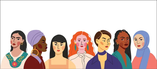 Çok ırklı kadınlar. Farklı güzelliklere, saçlara ve ten rengine sahip bir grup güzel kadın. Kadınlar, kadınlık, çeşitlilik, bağımsızlık ve eşitlik kavramı. Vektör çizimi. hisse illüstrasyonu