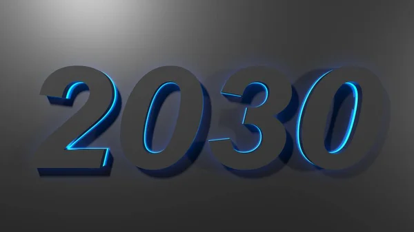 具有蓝色背光的黑色表面上的2030年黑色书写 3D渲染插图 — 图库照片