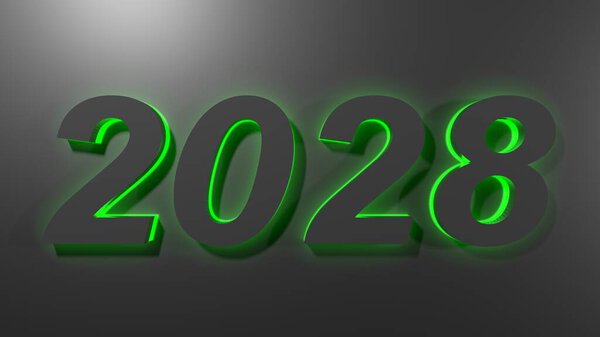 2028 чёрная надпись на чёрной поверхности с зеленой подсветкой - трехмерная иллюстрация
