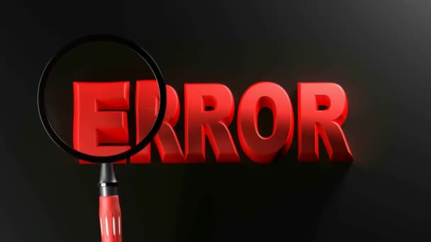 用红色字母书写的Error 在黑色背景上传递 以及一个放大镜在上面传递 3D渲染视频剪辑动画 — 图库视频影像