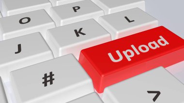Beyaz arkaplanda UPLOAD bilgisayar klavyesi kırmızı tuşu - 3B resimleme