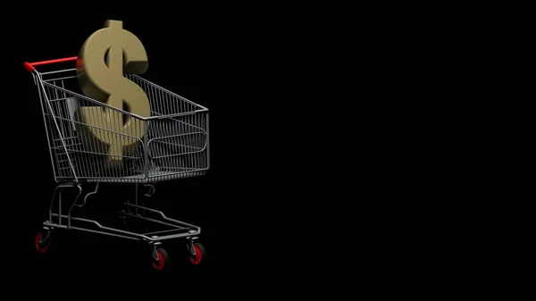 黒を背景に黄金のドル記号が入ったショッピングカート 3Dレンダリングイラスト — ストック写真
