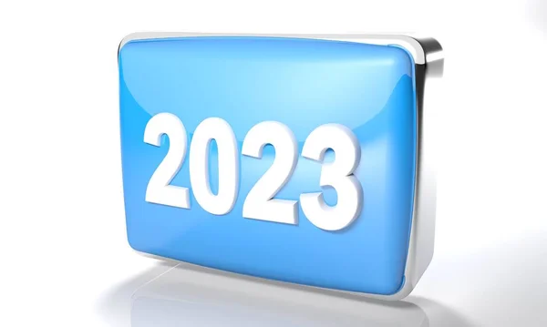 Блестящая Синяя Коробка 2023 Года Белом Фоне Трехмерная Иллюстрация — стоковое фото