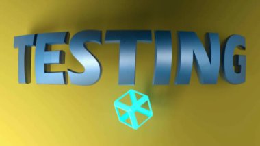 TESTING 'i mavi metalik harflerle, sarı zemin üzerinde, mavi parlayan bir küple - 3D görüntüleme videosu